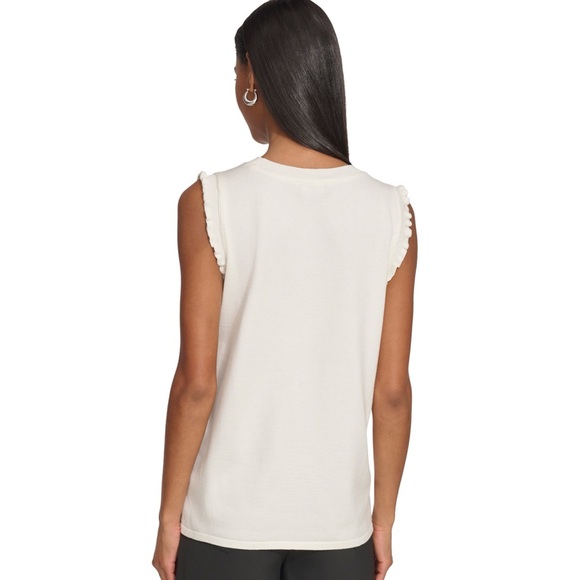 Karl Lagerfeld Paris Geometric Print Mixed Media Ruffle Trim Sleeveless Top - Picture 4 of 12